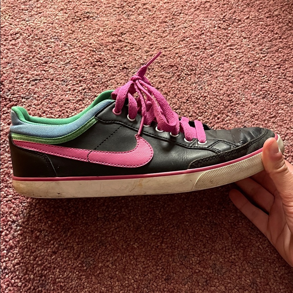 Nike Women's Black and Pink Sneakers with Green Accents